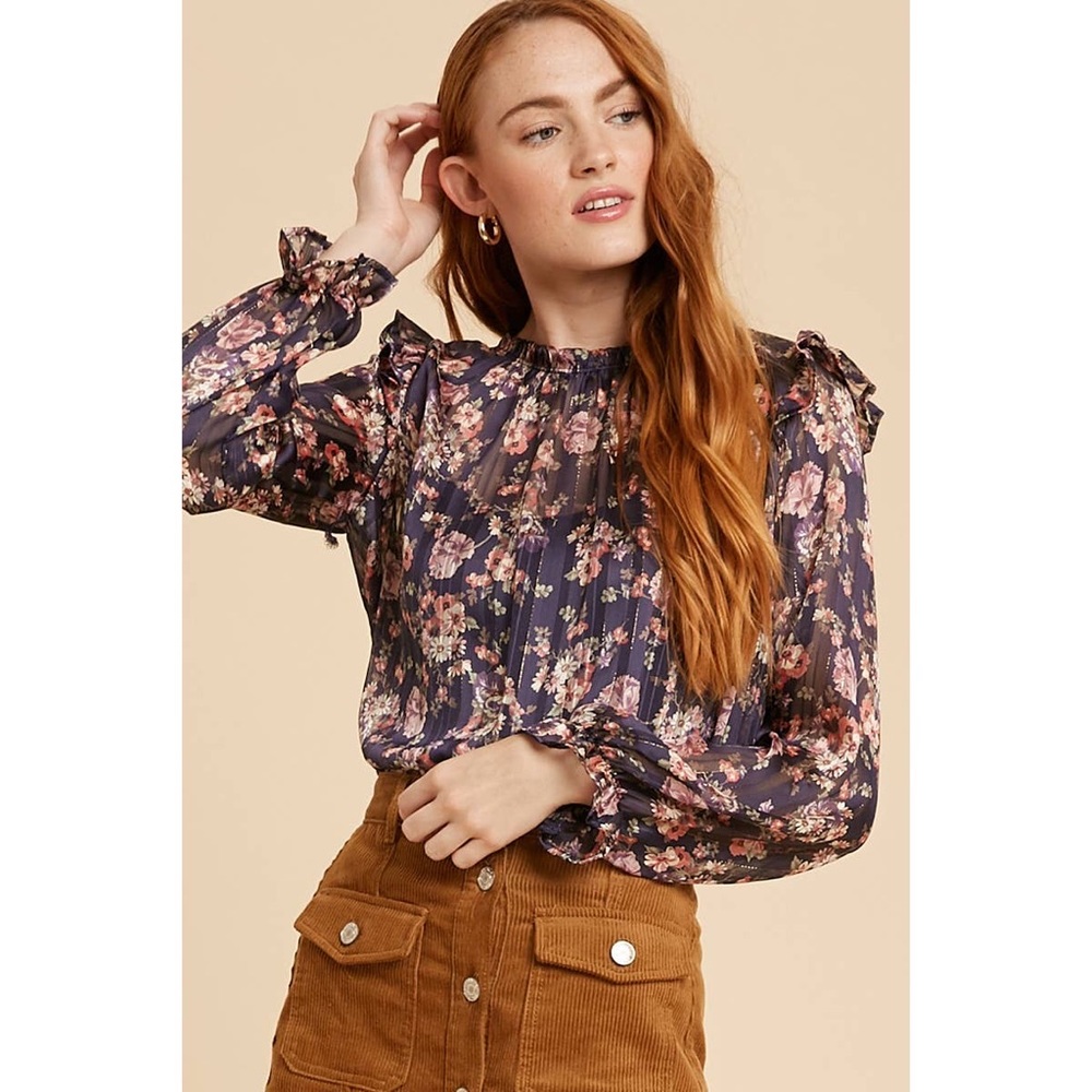 🆕 Floral Stripe Print Navy Sheer Blouse Top